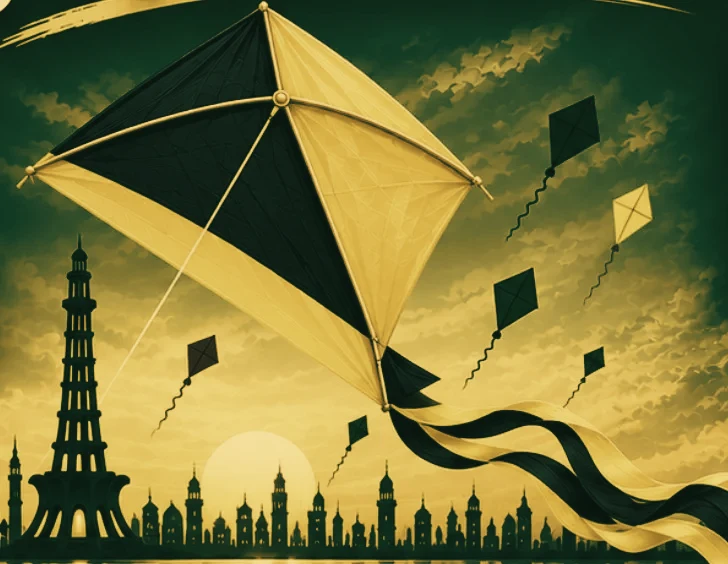 A kite flying over Lahore at sunset for Basant, by Resil Kites